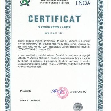 Certificat de acreditare a programului de studii superioare de master Management în sănătate publică, 12 aprilie 2022 (valabil pe o perioadă de 5 ani)